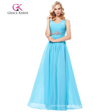 Грейс Карин рукавов V-образным вырезом шифон голубой длинные платья выпускного вечера GK000128-2